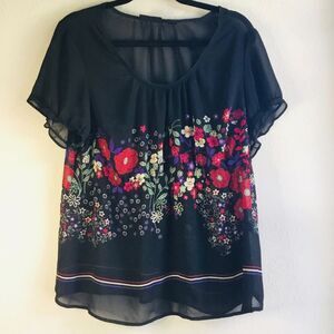 Black sheer floral floaty round neck short sleeved top ruffle sleeve hippie boho